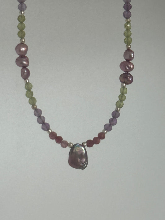 Pink Tourmaline Necklace with Freshwater Pearls, Peridot, and Amethyst